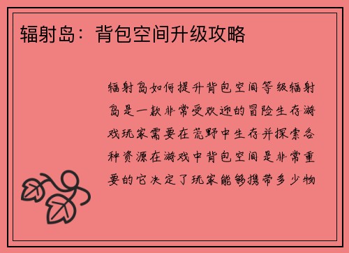 辐射岛：背包空间升级攻略