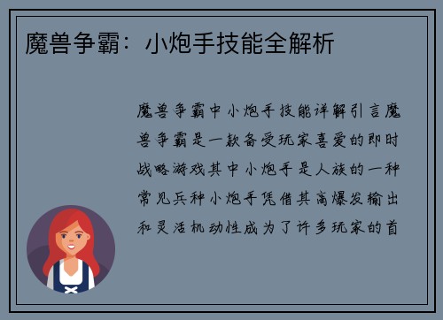 魔兽争霸：小炮手技能全解析